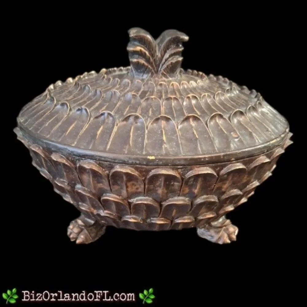 VINTAGE: Rare Pineapple Three-Footed Bowl with Lid / Lined with Red Velvet *HTF*